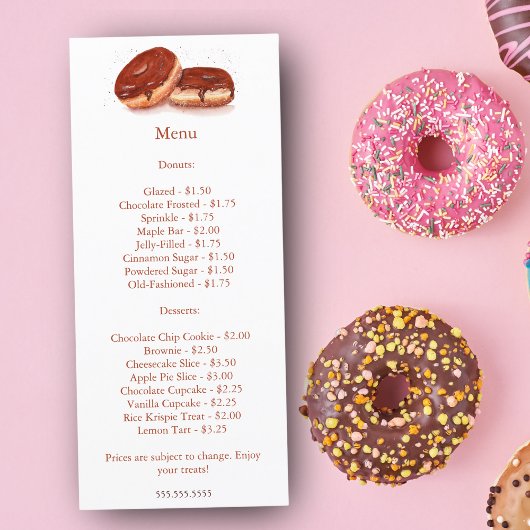Menu Prix des beignets glacés au chocolat à l'aquarelle