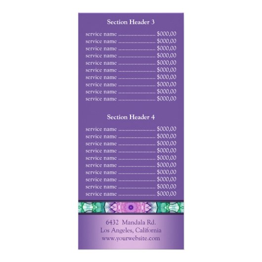 Menu Prix du mandala Water Lily (Dos)