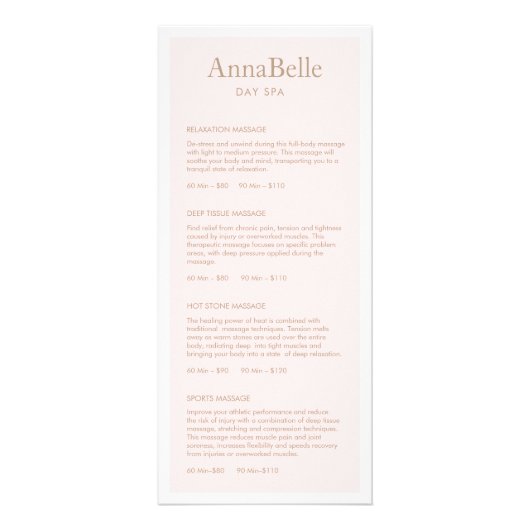 Menu Prix du Salon Spa rose clair simple (Devant)