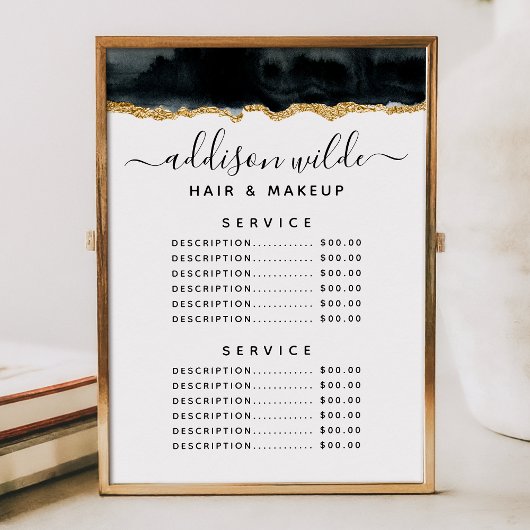 Menu Prix du service Aquarelle Noir et Or