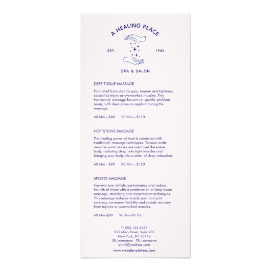 Menu Prix du Spa de massage des mains de guérison (Dos)