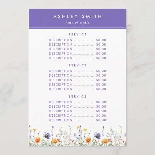 Menu Prix fleur sauvage (Dos)