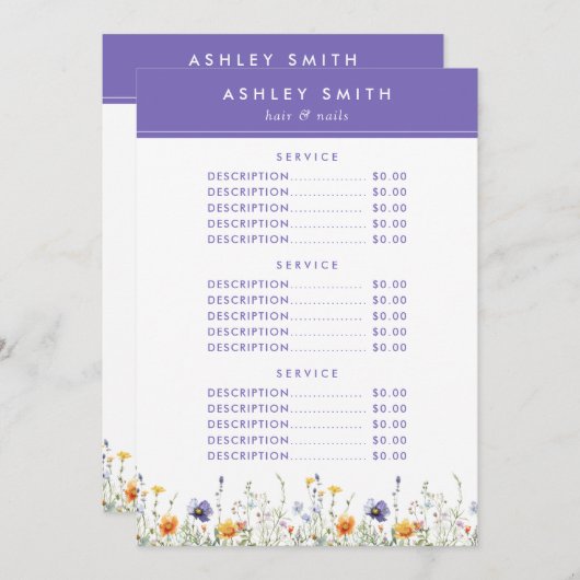 Menu Prix fleur sauvage (Devant / Derrière)