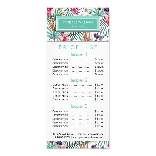 Menu Prix Motif Tropical Exotique (Devant)