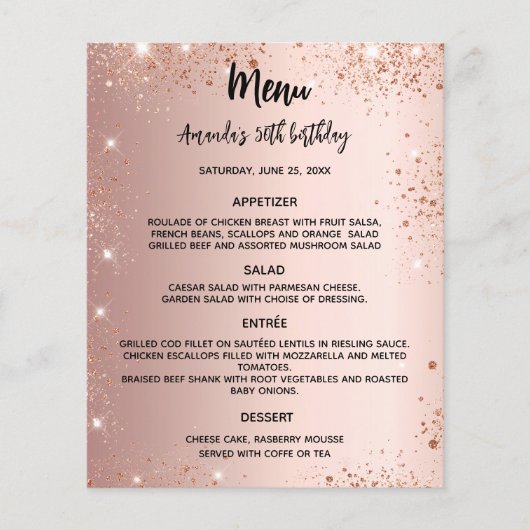 Menu programma roos gouden glitter verjaardagsfees (Voorkant)