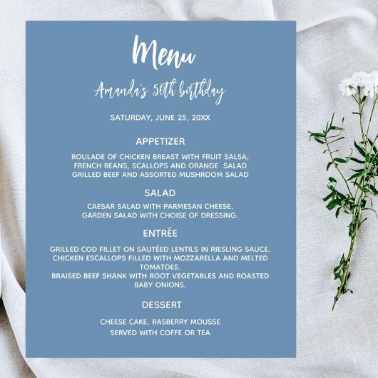 Menu programma stoffig blauw verjaardagsfeestje