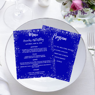 Menu programme parties scintillant bleu royal blan