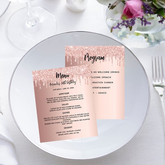 Menu programme rose or fête d'anniversaire