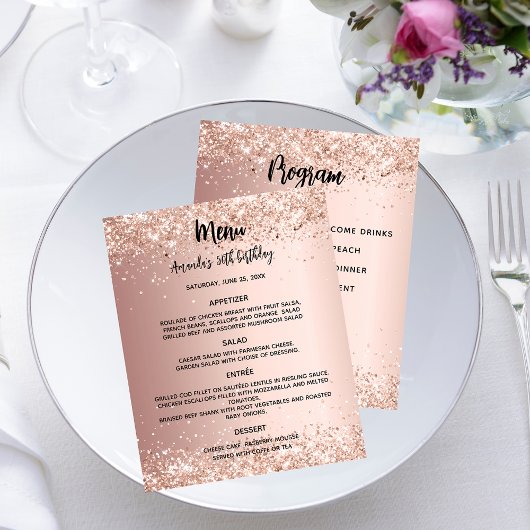 Menu programme rose or fête d'anniversaire
