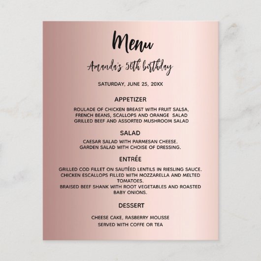 Menu programme rose or fête d'anniversaire (Devant)