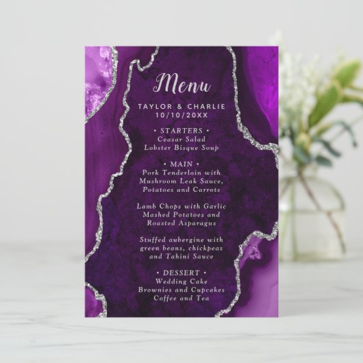 Menu Purple and Silver Agate Marble Wedding (Debout devant)