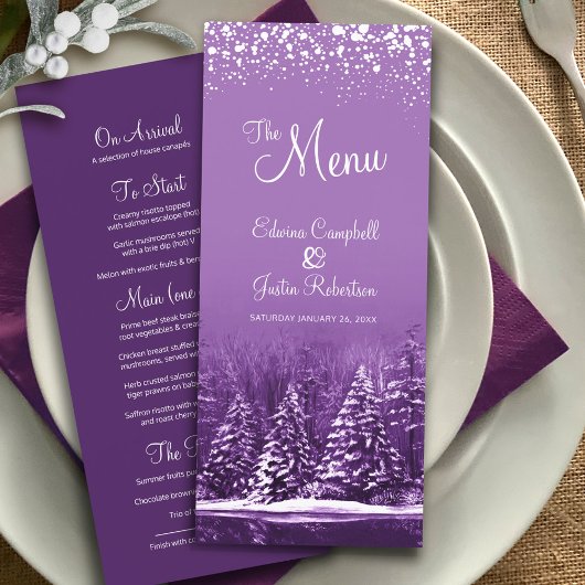 Menu Purple arbres peints mariage d'hiver