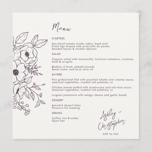 Menu Purple d'aubergine florale minimale sur Mariage bl (Devant)