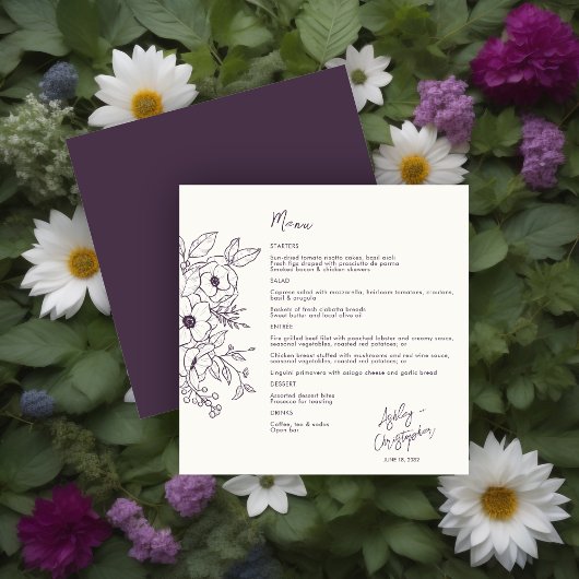 Menu Purple d'aubergine florale minimale sur Mariage bl