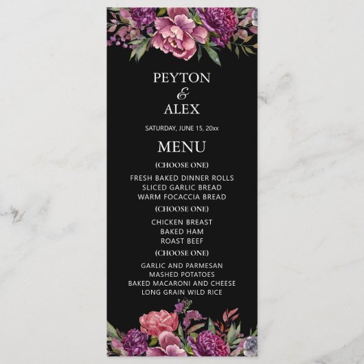 Menu Purple Floral Black Wedding Reception (Devant)