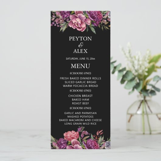 Menu Purple Floral Black Wedding Reception  (Debout devant)