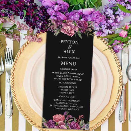 Menu Purple Floral Black Wedding Reception 