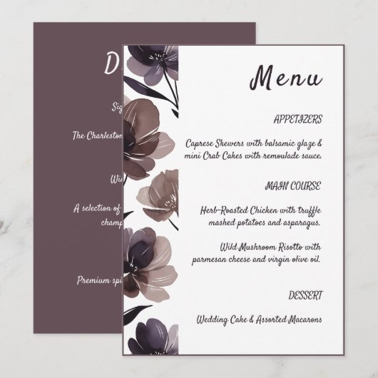 Menu Purple Floral Botanical Wedding (Devant / Derrière)