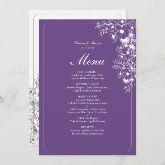 Menu Purple Floral Elegant Wedding (Devant / Derrière)