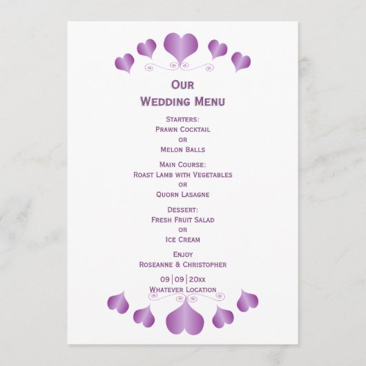 Menu Purple Hearts Design Wedding (Devant)