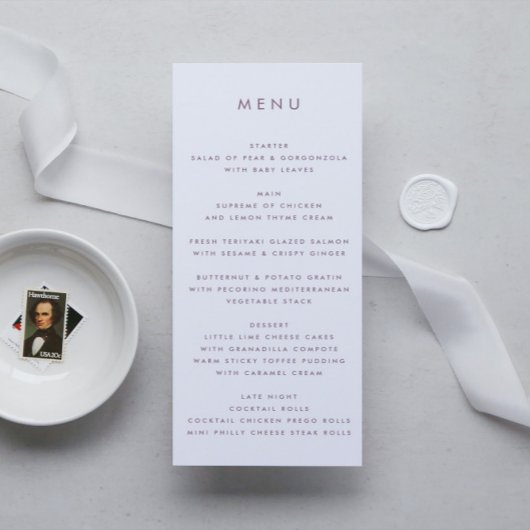 Menu Purple Lilac Moderne Monogramme Gras Mariage