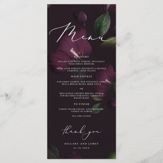 Menu Purple Moody Blooms Calligraphie Mariage Dîner (Devant)