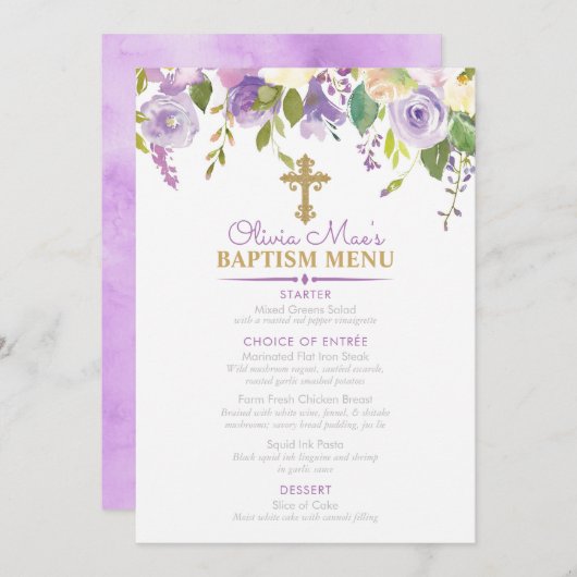 Menu Purple Peonies Girl Baptism Custom 5x7 Event (Devant / Derrière)
