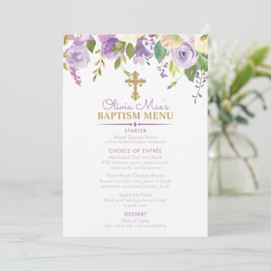 Menu Purple Peonies Girl Baptism Custom 5x7 Event (Debout devant)