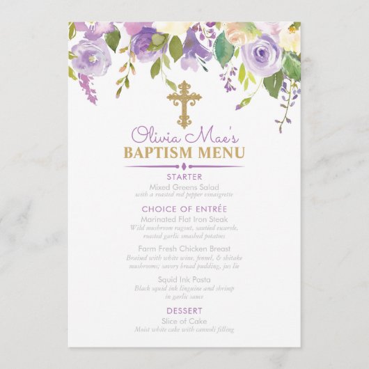 Menu Purple Peonies Girl Baptism Custom 5x7 Event (Devant)