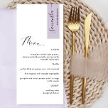 Menu Purple Personnalisé avec Nom de l'invité Elegant M<br><div class="desc">Pourquoi passer à l'endroit cartes et cartes de menu quand vous pouvez avoir un élégant menu tout-en-un élégant personnalisé avec chaque nom d'invité! Contemporain, simple et élégant design avec belle calligraphie manuscrite moderne. Bande en haut à droite dans un beau ton violet pâle avec nom d'hôte en noir. Retour dans...</div>