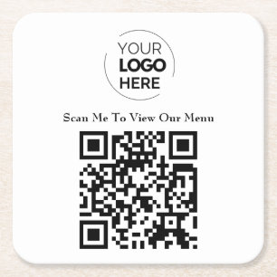 Menu QR-code   Logo Wit Contactloos Modern Vierkante Kartonnen Onderzetter