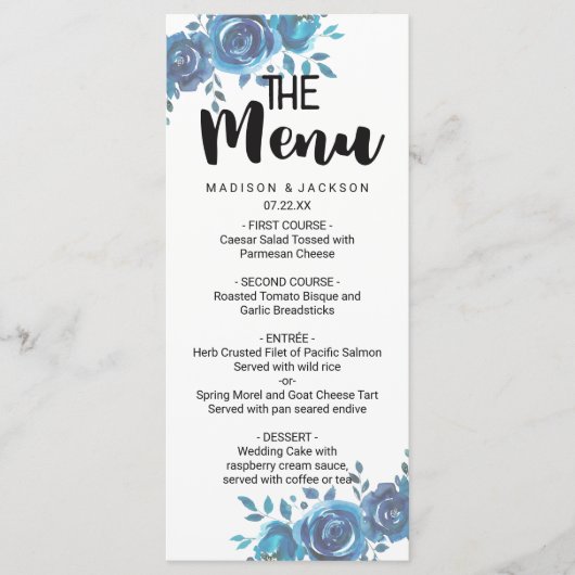 Menu Quelque chose d'aquarelle bleue Floral Mariage Men (Devant)