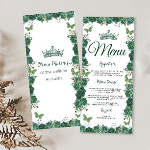 Menu Quinceañera Emerald Green Floral Butterflies Tiara
