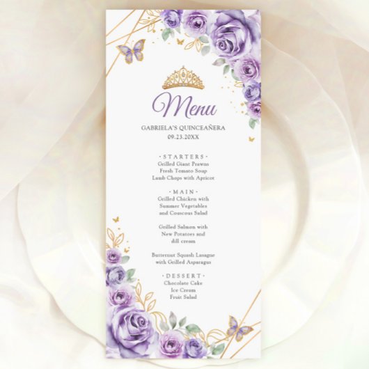 Menu Quinceanera Florale d'or violet Lilac