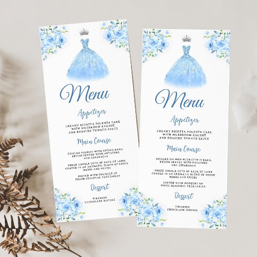 Menu Quinceanera Silver Blue Floral Gown