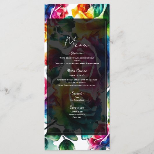 Menu Rainbow Rose Black & White Floral Mariage Men (Devant)