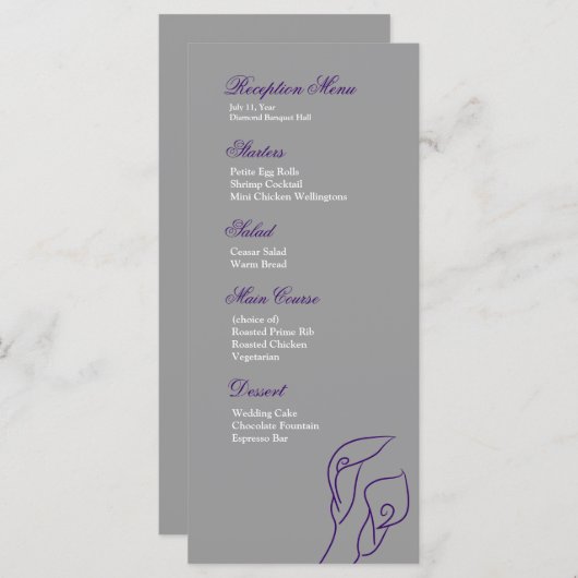 Menu Réception Calla Lilies violet et argent (Devant / Derrière)