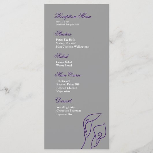 Menu Réception Calla Lilies violet et argent (Devant)