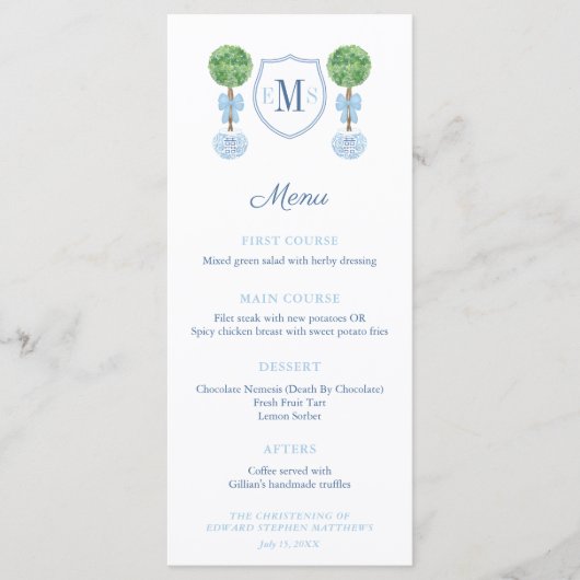 Menu Réception de baptême de bébé garçon avec topiaire (Devant)