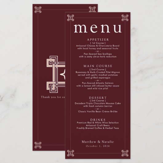 Menu Réception de mariage à clé grecque Rose de Bourgog (Devant / Derrière)
