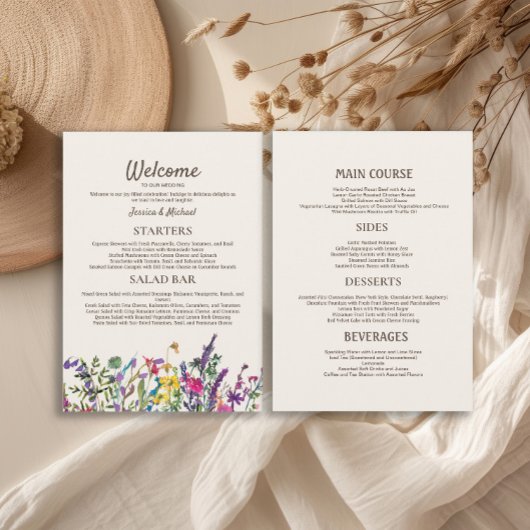 Menu Réception de mariage aux fleurs sauvages aquarelle