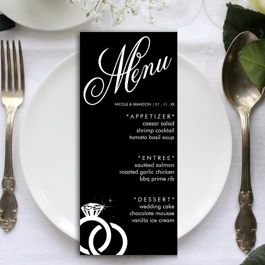 Menu Réception de mariage avec bague en diamant noir et