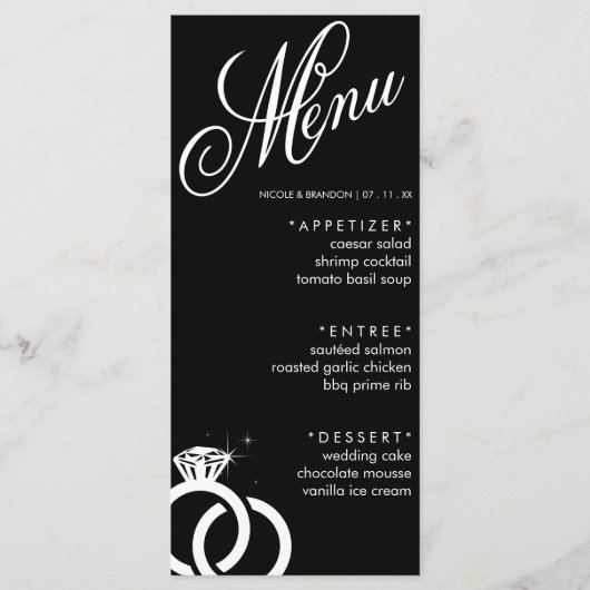 Menu Réception de mariage avec bague en diamant noir et (Devant)