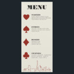Menu Réception de mariage avec Las Vegas Casino Skyline<br><div class="desc">Un mariage amusant et moderne de destination Las Vegas skyline Dinner Menu qui ajoutera des détails spéciaux personnalisés à votre événement Las Vegas! Ce menu mariage propose des graphismes en couleur rouge, un rendu moderne de la ligne d'horizon de Las Vegas, ainsi que des polices et du texte entièrement personnalisables...</div>