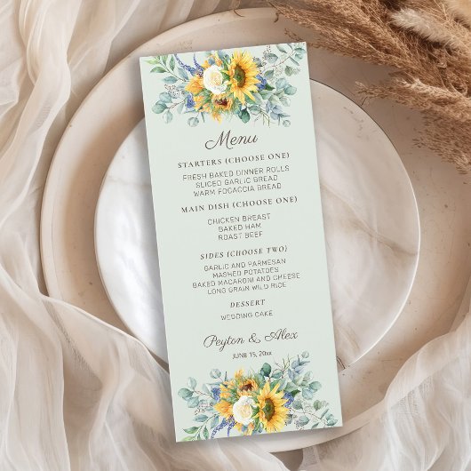 Menu Réception de mariage avec tournesols et feuilles d