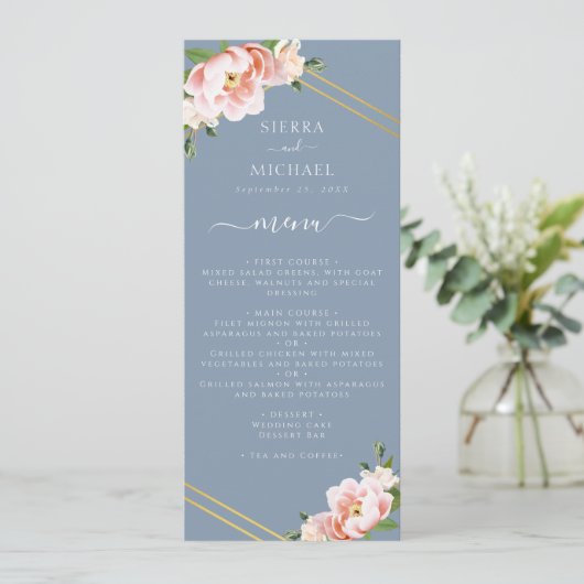 Menu Réception de mariage bleu Dusty Floral Blush (Debout devant)