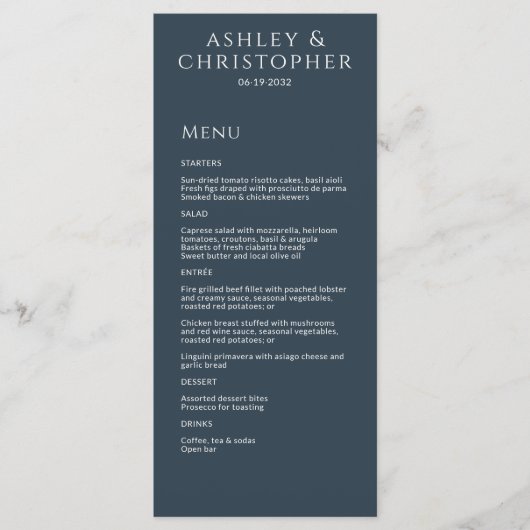 Menu Réception de mariage bleu marine minimal moderne (Devant)