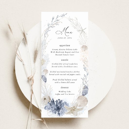 Menu Réception de mariage Blue Beach Coastal Seashell