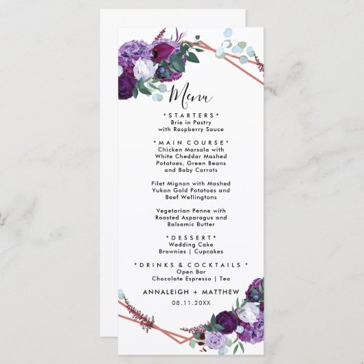 Menu Réception De Mariage Botanique Violet Floral (Devant / Derrière)