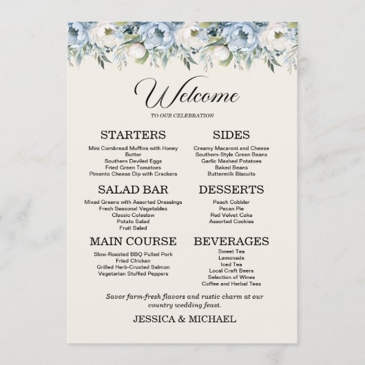Menu Réception de mariage champêtre avec fleurs bleues (Devant)